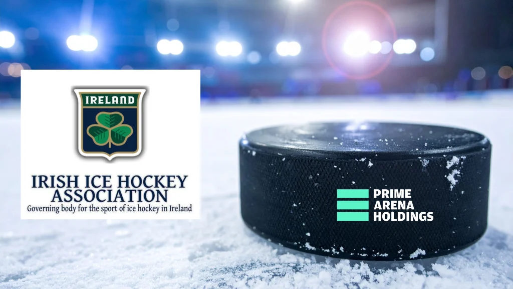Irish Ice Hockey Association logo and Prime aren holdings logo on ice rink background