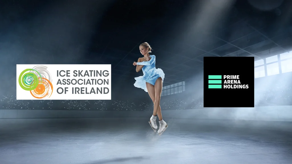 Ice Skating Association of Ireland logo and Prime Arena Holdings logo on ice rink skater on ice rink background